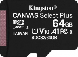 KINGSTON 64GB microSDHC CANVAS Plus Memory Card 100MB read - UHS-I class 10 Gen 3  - bez adaptéru